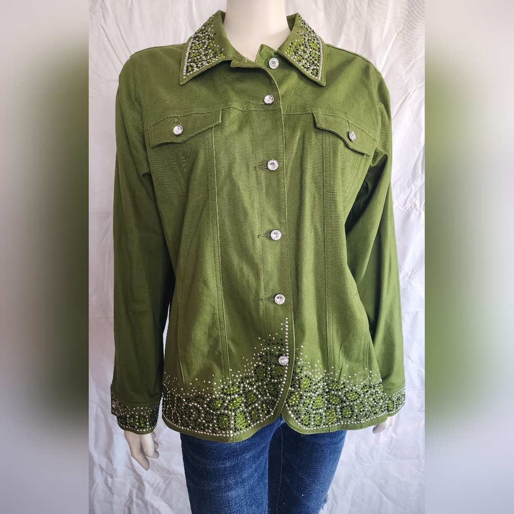Quacker Factory Embellished Gem Twill Button-up Light Jacket Green Size Medium M